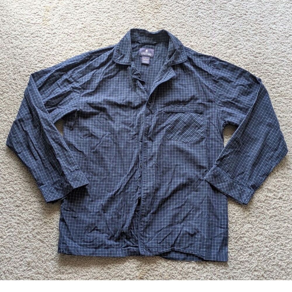 Stafford Navy Blue Grid Print Cotton Sleepwear Men's Sleep Shirt Sz M